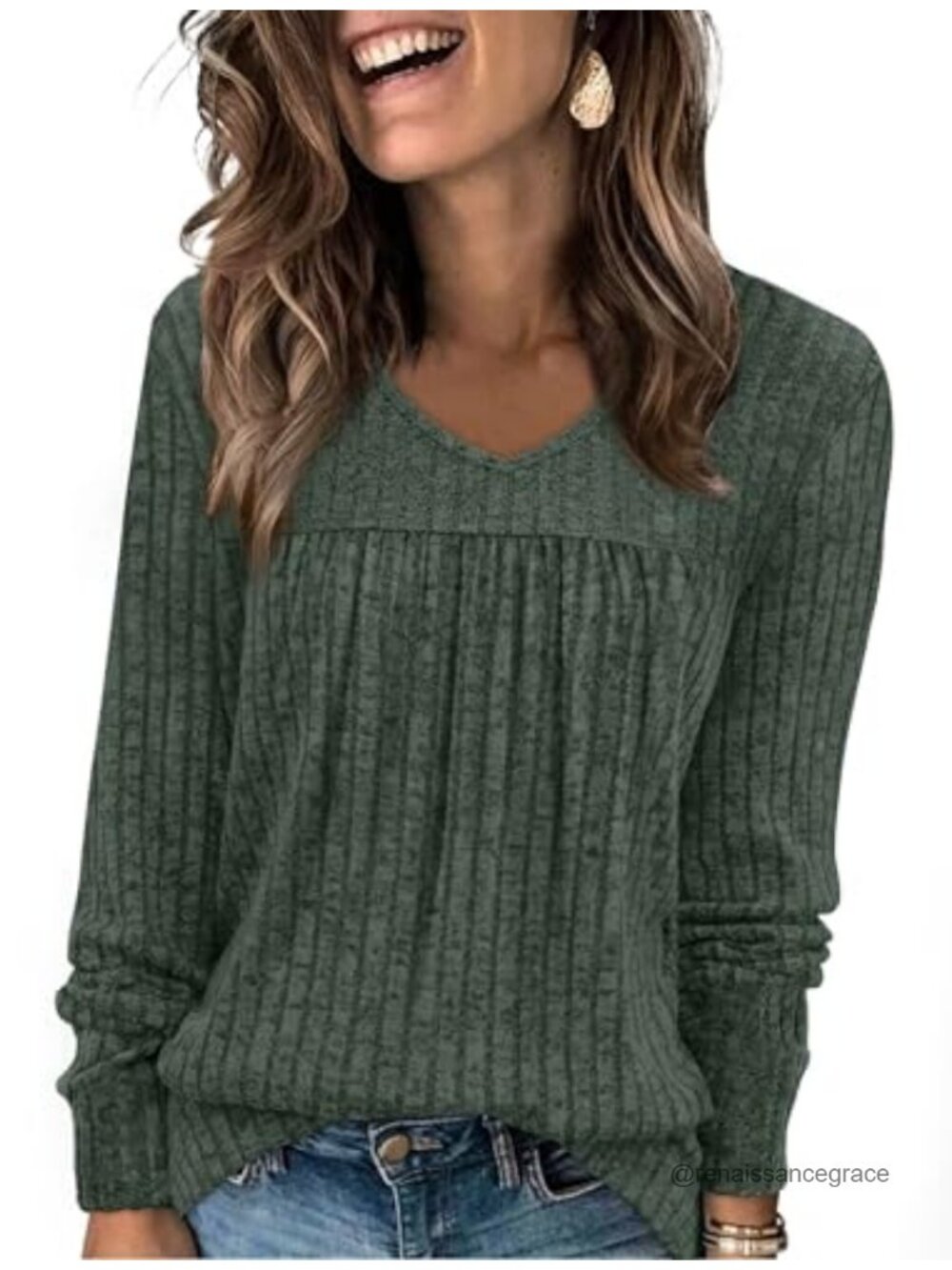 Womens V Neck Long Sleeve Tunic Top Lightweight Ribbed Knit Sweater